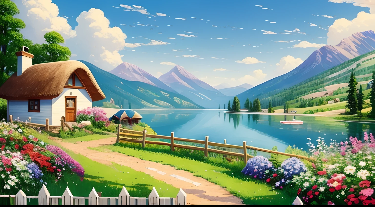 painting of a cottage, flowers beside of fence, fence along the road,  mountain landscape with a lake and a boat, birds flying in the blue sky, illustration matte painting,  inspired by Thomas Kinkade, symmetric matte painting, detailed scenery , style raw, 8 k ultra detailed