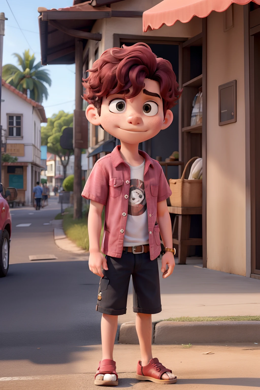 Obra-prima, de melhor qualidade, A boy with sullen countenance on a street boulevard with many cafes around with wavy and short pink hair, but with a large fringe on the left side of the head, os olhos na cor roxo claro, que esteja vestindo short jeans, black bucket-hat, camisa preta de manga curta e sandalias