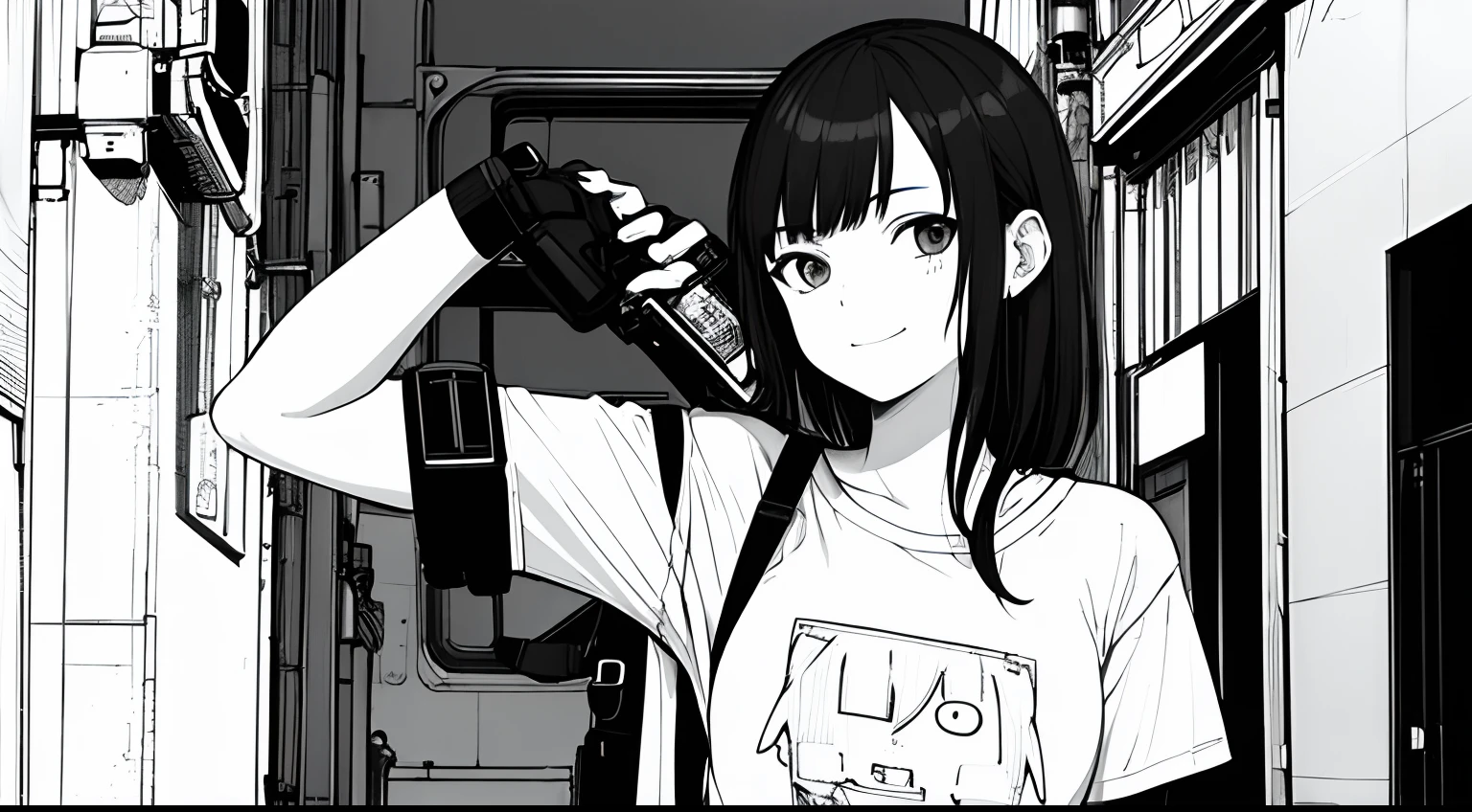 ​masterpiece, top-quality, (1girl in), tshirts, A slight smil, backpack, A dark-haired, Black eyes, cyberpunked, a street, monochromes, line-drawing