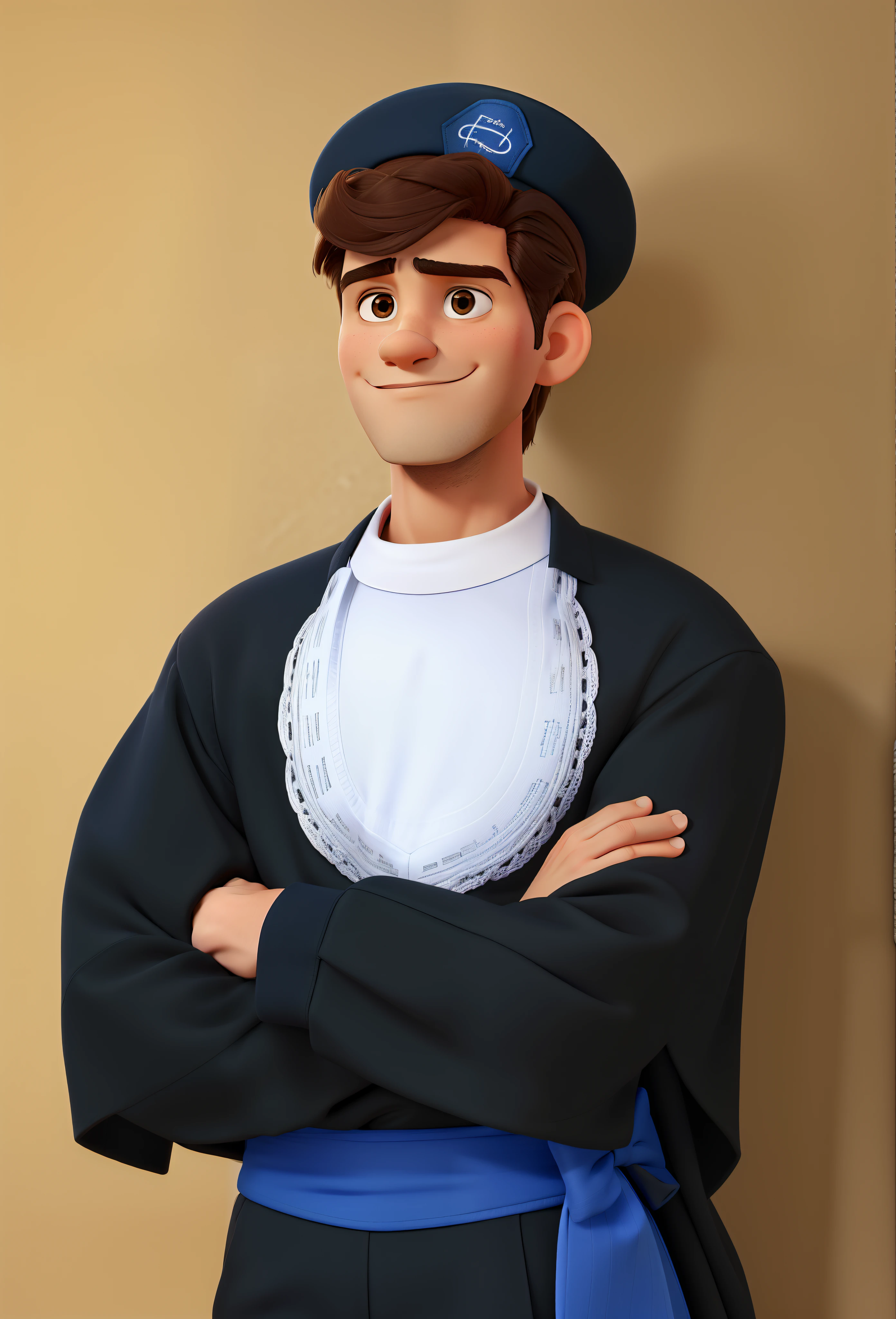 Poster estilo disney pixar. Jovem masculino bonito, brasileiro, Italian descent, 20 anos, cabelos castanhos, cabelos ondulados, olhos castanhos, cabelo taper fade, usando roupa de formatura da faculdade, with college graduation hat, with blue bow around the waist, with arms crossed