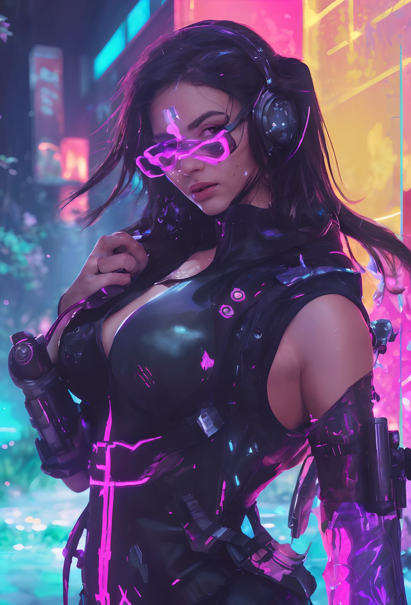(((1woman, solo))), rainbow light, 3d neon art of a woman's body, cyberpunk femme fatale, seductive cyberpunk dark fantasy, cyberpunk 20 y. o large-breast:1.2 model girl, (((with black miniskirt and white lace panty, with matrix style black micro sunglasses))), oppai cyberpunk, banner, high definition cgsociety, cgsociety masterpiece, trending on cgstation, kda, (((((aerial view))))) image of neon-noir cyberpunk city in the background.