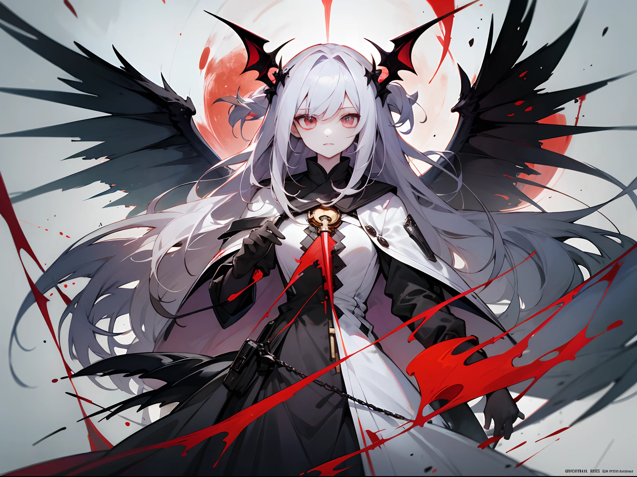 Anime anime wallpaper HD anime wallpaper HD wallpaper， From Arknights,iintricate, Blood Moon， Detailed key anime art, shalltear bloodfallen, demon anime girl, shadowverse style, gapmoe yandere grimdark, Official artwork, Key anime art, anime key visual concept art of, （tmasterpiece，best qualtiy）Thin and tall figure，The height is about six feet。pale-skinned，The tone is slightly sick，The hair is silvery-white，The eyes are red，There was a strange light shining，The wings are asymmetrical，The right wing is slightly larger than the left，The skin on the surface of the wings is gray。The tail is similar to the tail of a reptile，The surface is covered with fine scales，The same gray。The end of the tail is sharp，A mixture of human and non-human traits，It gives a strange and disturbing feeling。