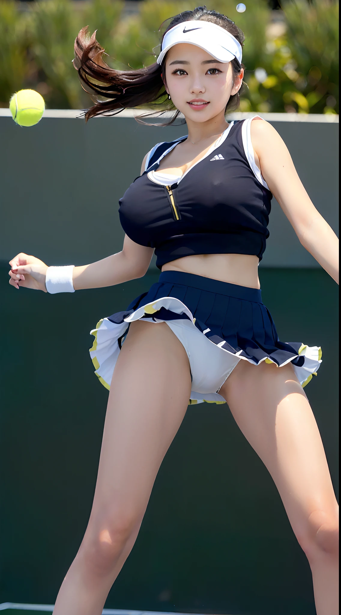 (in 8K、超A high resolution、Best Quality、Photorealsitic、masuter piece、The ultra -The high-definition、top-quality:1.1),(18year old:1.1)(hi-school girl、Tennis Wear、White pleated mini skirt、Black T-back、Hide all breasts、quite massive chest、Pretty big breasts、toned body:1.3)(Black hair short bob、Japan Cute Woman、Brown skin with a pretty tan:1.23)、Cute smile、(Open your legs quite wide to the side、Bend your knees quite large to the side、Hit a tennis ball back with a racket:1.28)(windy up skirt、up skirt panties、Miniskirt fluttering in the wind:1.5)(High School Tennis Courts、espadrilles、sun visor)