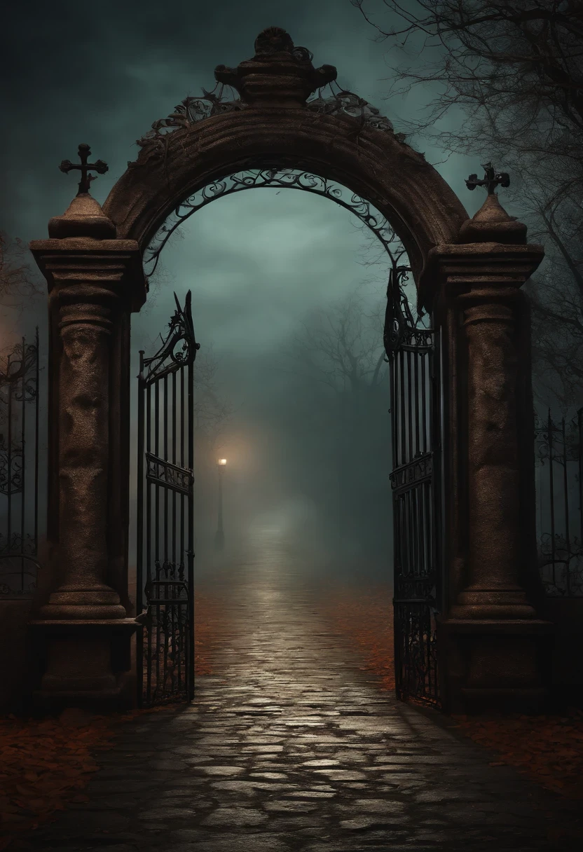 fundo estilo halloween, tom alaranjado, Skeleton head on the ground, Iron gates, graveyard, realistic smoke, lua no fundo brilhante, ultra realista, sombras realistas, noise, glow