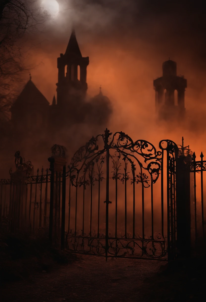 fundo estilo halloween, tom alaranjado, Skeleton head on the ground, Iron gates, graveyard, realistic smoke, lua no fundo brilhante, ultra realista, sombras realistas, noise, glow