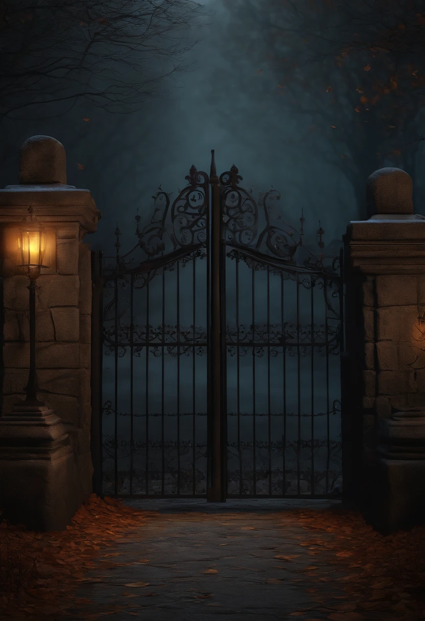 fundo estilo halloween, tom alaranjado, Skeleton head on the ground, Iron gates, graveyard, realistic smoke, lua no fundo brilhante, ultra realista, sombras realistas, noise, glow