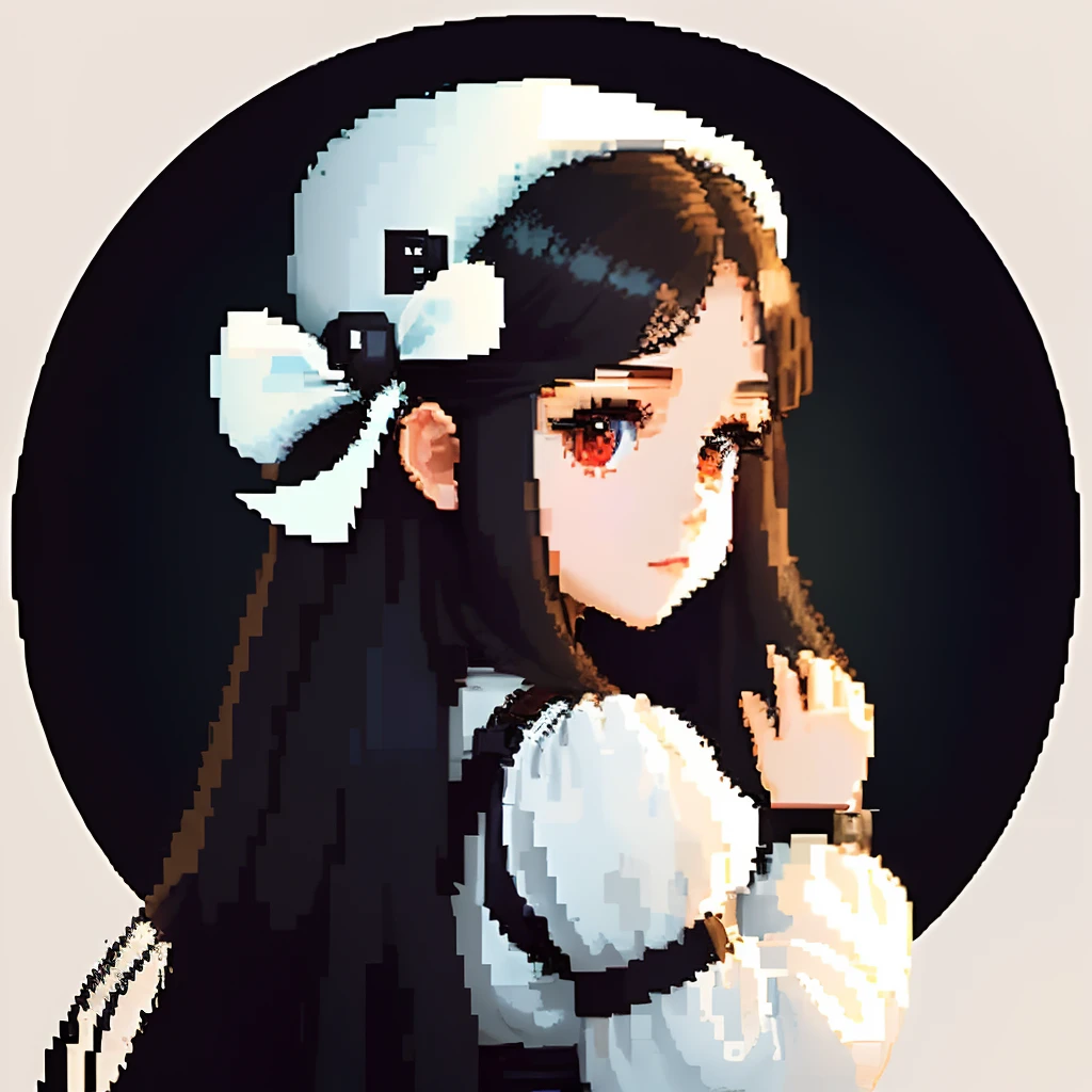 He was dressed in white in the Gothic style、Girl with long hair of cocoa color、Look back and look at this.、Pixel art、Pixel Art Illustration、pixels、Retro Game Style、Upper body、For icons、pixels_Art Book,Composition centered on the face、