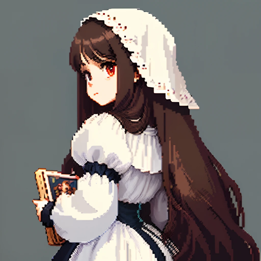 He was dressed in white in the Gothic style、Girl with long hair of cocoa color、Look back and look at this.、Pixel art、Pixel Art Illustration、pixels、Retro Game Style、Upper body、For icons、pixels_Art Book,Composition centered on the face、