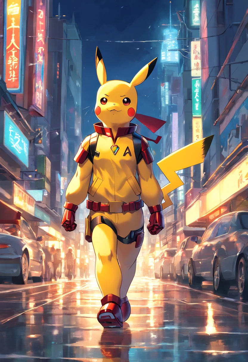 a highly detailed illustration of Pikachu wearing the iconic Iron Man armor, qualidade excepcional, dinamic pose, mischievous expression, urban night scenery, lighting dramatic, estilo de desenho hiper-realista