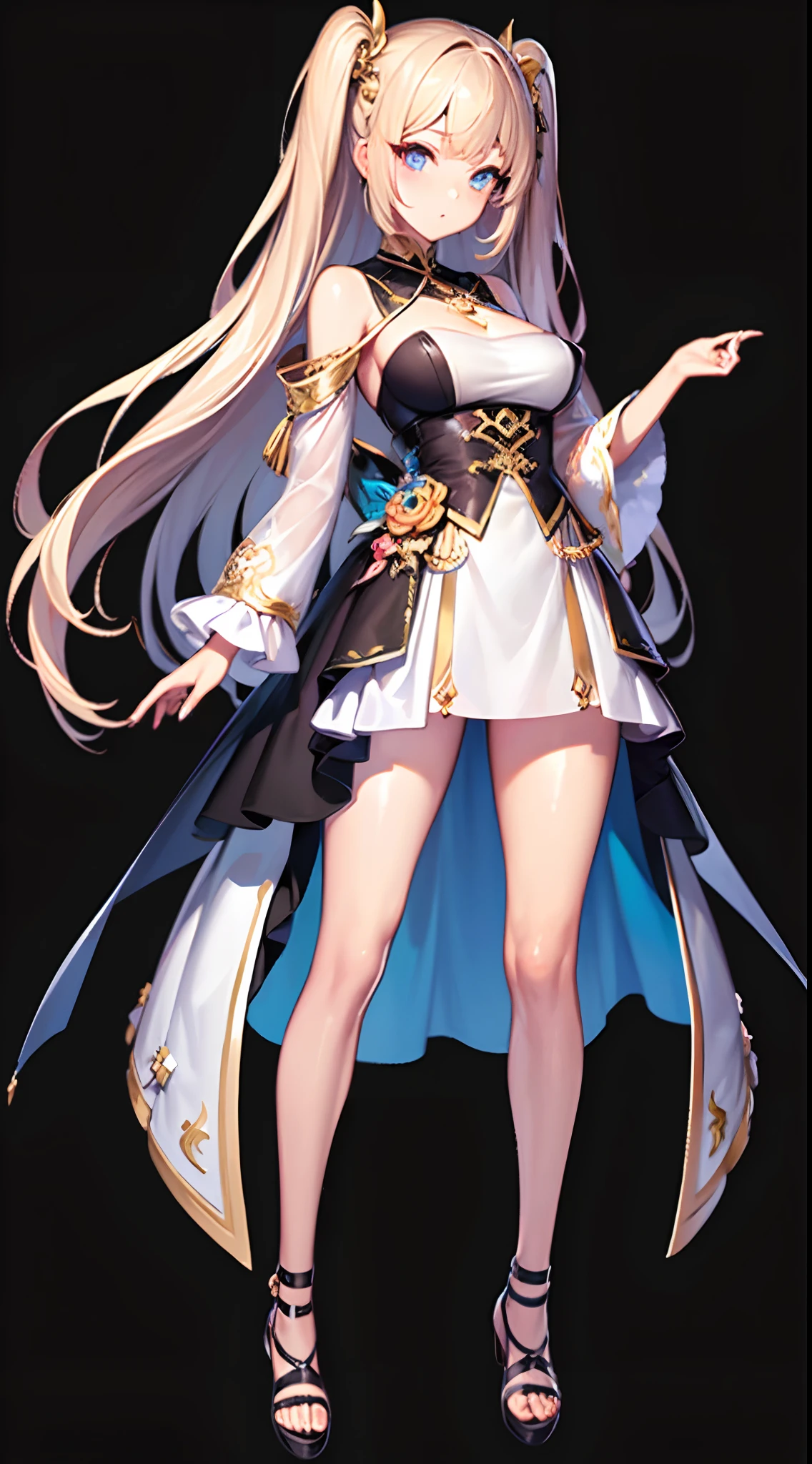 ((Best Quality)), (ultra-detailliert), ((Extremely detailed)), (Beautiful), ((Kawaii Girl)), ((UHD)), (masterpiece), (high quality), (best quality), (4K), (high quality), 1, solo girl, one girl, (hair two side up long), (hair intakes), long hair, parted bangs, (platinum blond hair), ((jade colored eyes)), tsurime, medium breasts, slender body, paint right up to the tip of the head,((transparent background)),(solo),standing,(wearing shoes on feet),((is wearing Idol Costumes)),good girl, beautiful detailed eyes,good looking,((an extremely delicate and beautiful)),make the eyes the same shape and color on both sides, anime style