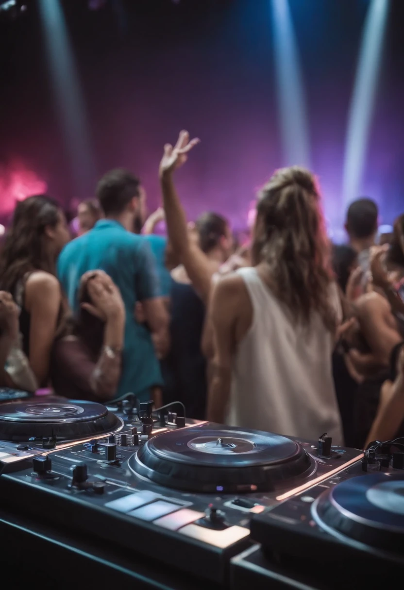 ((master part:1.3)), ((best quality:1.3)), ((Ultra_circunstanciado:1.3)), design luminoso, pastels colors, gotejamentos de tinta, DJ, tiro de close-up da parte superior do corpo, watching the crowd, In this mesmerizing visual composition, Uma mulher assume o centro do palco, Rodeado por um design luminoso que irradia com cores pastel vibrantes. O design parece ganhar vida, com gotejamentos de tinta em cascata, adding an ethereal touch to the scene. A mulher, um DJ, is captured in a close-up of her upper body, Standing behind the decks. His gaze is fixed on the crowd, observando cada movimento deles. The intensity in his eyes reflects his deep connection to the music and energy of the crowd. The composition is meticulously detailed, with every intricate pattern and color gradient of the luminously rendered design. The pastel colors create a dreamlike atmosphere, enhancing the enchanting aura of the scene. Os pingos de tinta adicionam um toque de imprevisibilidade e criatividade, symbolizing the fluidity and art of the DJ's craft. As the DJ watches the crowd, The energy in the room is palpable. The crowd is a blur of movement, with hands raised and bodies swaying to the rhythm. The presence of the DJ is magnetic, guiding the energy of the room with its selection of music and skillful mixing. This composition is a true masterpiece, capturing the fusion of music and visual art in a captivating and immersive way. Celebrates the creativity and passion of DJs, while inviting viewers to be part of the electrifying atmosphere of a live performance.