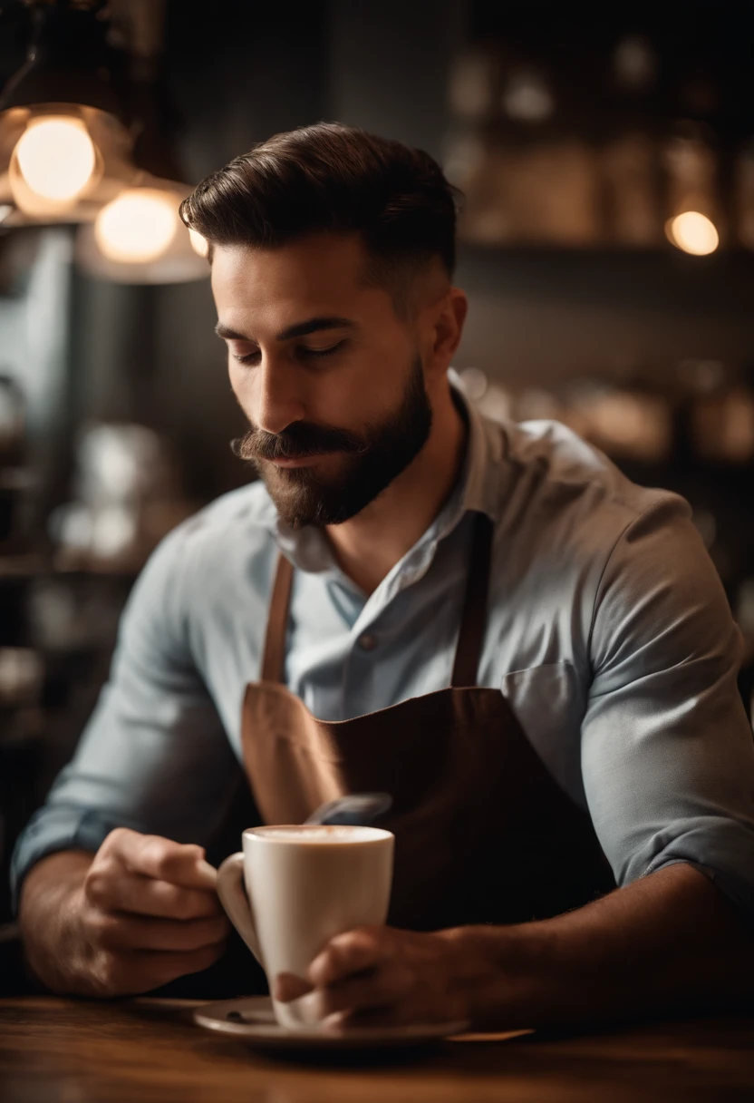 Homem trabalhando como barista, Serve coffee, hiper detalhe, imagem cristalina, Licking coffee with your long tongue