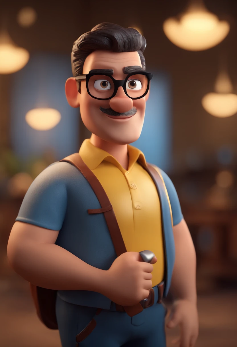 Cartoon character of a man with black glasses and a blue shirt, animation character, Caractere estilizado, animation style rendering, 3D estilizado, Arnold Maya render, 3 d render stylized, toon render keyshot, Personagem 3D, Personagem 3D, 3d rendering stylized, 3 d character render, personagem de desenho animado, Personagem de close up, Pose de personagem, (Estilo Pixar) (master part:1.2) (Bokeh) (best quality) (pele detalhada) (textura detalhada) (8k) (argila) (Cinematic lighting) (foco nítido