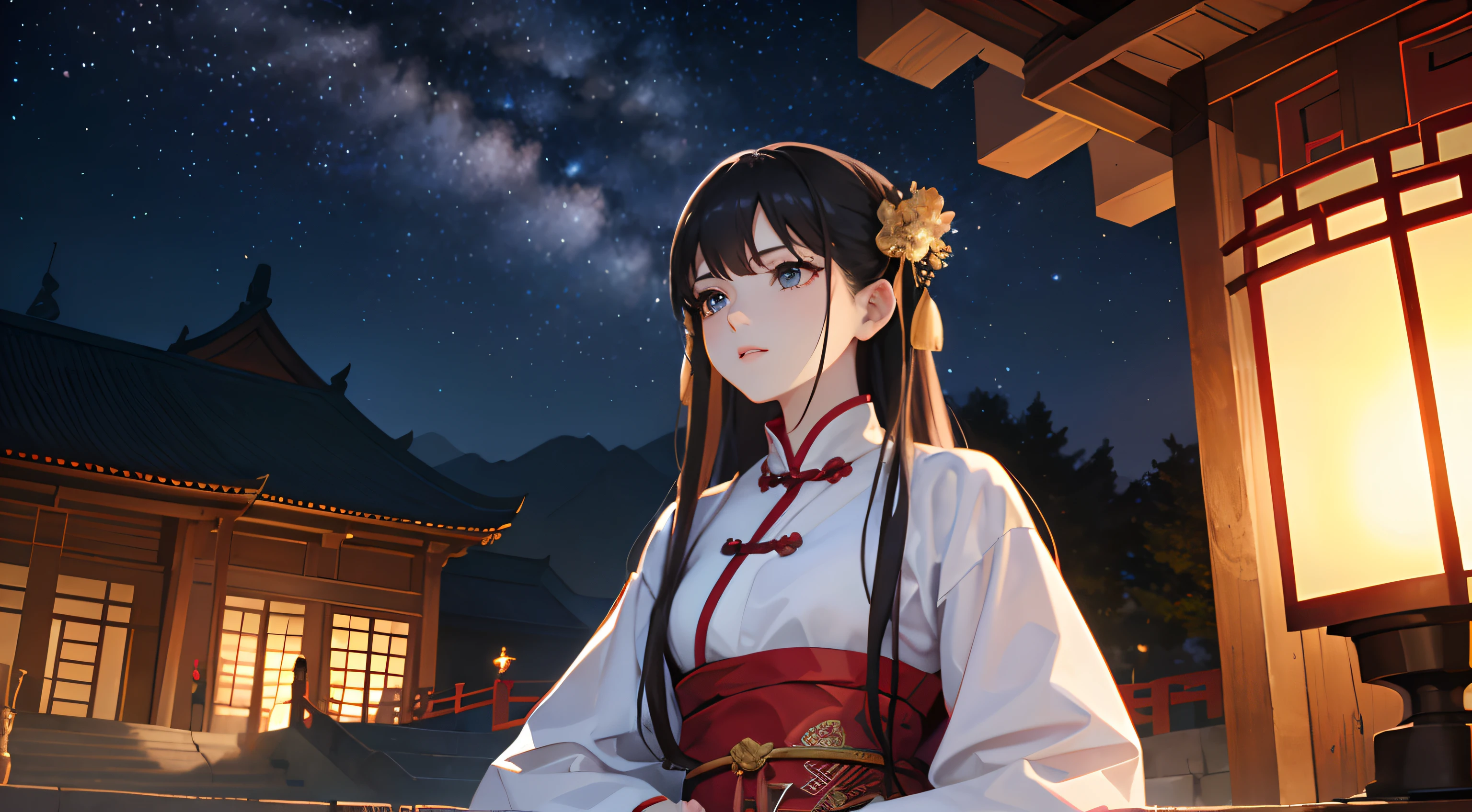 (8K, 4K, Best quality, A high resolution, 超A high resolution:1.1), (Masterpiece, Realistic, photo-realistic:1.1)，Masterpiece:1.3), high resolution, Ultra detailed, Ultra-detailed CG unified 8K wallpaper, Realistic, photo-realistic, RAW photo，the night，Traditional Chinese palace，（starrysky：2），A woman who is，16 yaers old，Wearing traditional Chinese clothing，prette，adolable，simplicity，Gorgeous costumes，（Sitting on the steps：2），head looking up，looking at the stars