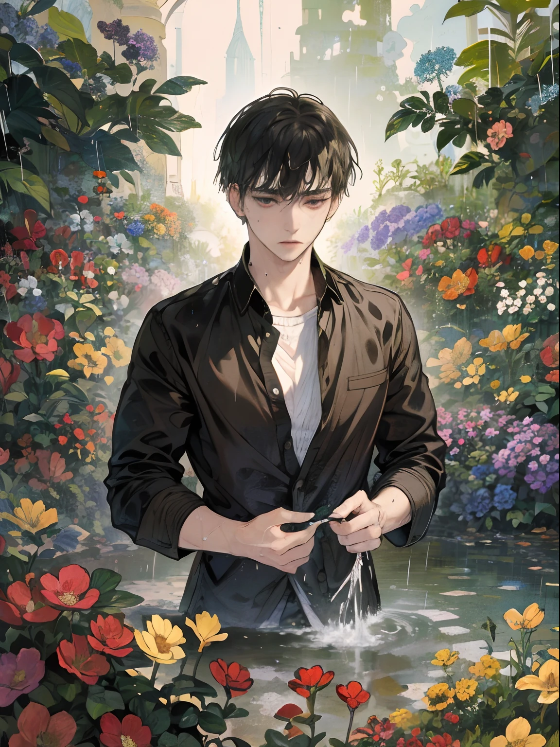 masterpiece, 1 man, expresionless, wet hair, wet clothes, flowers garden, heavy rains