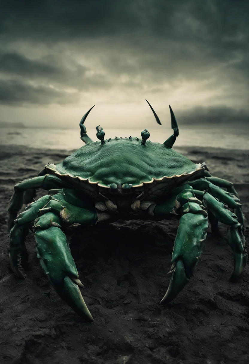(A giant crab in the fog stood in the air, staring fiercely at a person asking for help),(a creature 5 meters tall:1.0),(The two claws of stout and unusually long are attached to the reef) ,(Dark green giant crab:1.37),(The shell of a giant crab is dark green)'s, (Dark blue wide oval abdomen), Shiny, (Very hard textured thick shell), (Huge green eyes are unusually bright:1.37),The head is more developed. (There are a pair of large protruding compound eyes:0.8),Texture like crystal. (Unusually long and flexible antennae:1.1),(The length is about 1/3 The width of the crab's body:0.5) ,(On the top of the head, There is a pair of small pliers),(Fresh fluff:0.6),giant crab, giant ethereal creature,The texture is clear, (Helpless people pray for help),Background to prayer for cancer salvation:nebulous sky,(rough sea),(Greatwave),Recife,(salama), 真实感,Epic,ultraclear,afterimage, Dutch angle, From below, Sony FE GM, Chiaroscuro, Blurry, hyper HD, Masterpiece, Textured skin, Super detail, High details, High quality, Award-Awarded, Best quality, A high resolution, 8K,Epic,sci-fy,Futuristic fantasy,Cartoony,