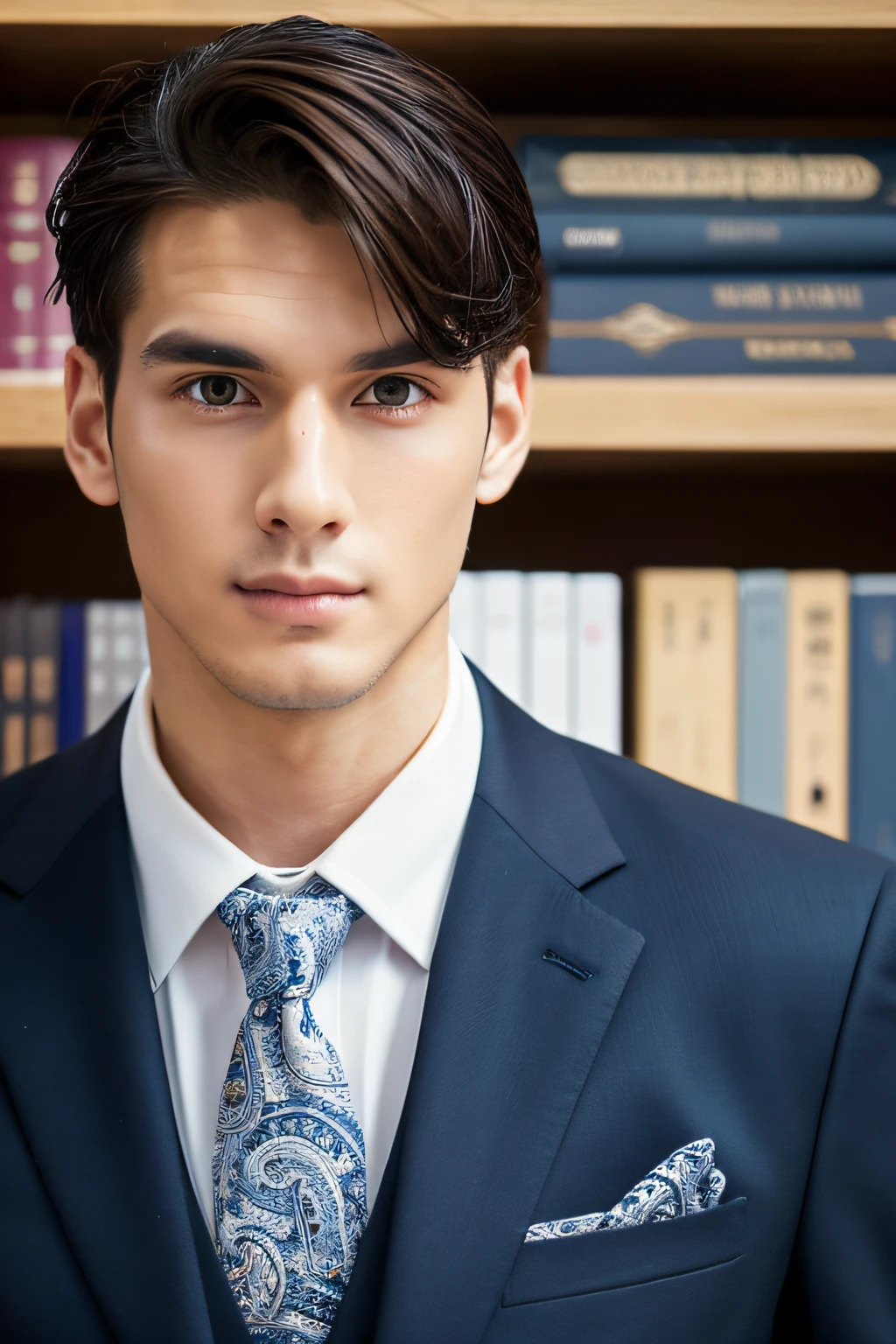 Man in suit and tie, Dressed in a suit, Wear a strict business suit, Wear a navy blue business suit, Wear a wetsuit, attractive man, completo ， face perfect, Beautiful and graceful straight gaze,No beard (clean shaven),Blue tie with paisley pattern,japanes,twinks,The place is the library,