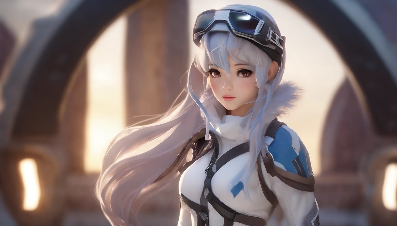 master part, melhor qualidade de imagem, Extrema vivacidade, Menina anime com rabo de cavalo encaracolado, figura pequena, Casaco Funcional Branco, pequeno, blue-purple gradient ski goggles, Cyberpunk, cabelos grisalhos, estilo casual natural, Dynamic Stance, Golden section, Retrato com grande abertura, Tons Cool, Forte impacto visual, white space, contraste de luz e sombra, super textura, Afterglow Sunset, imagem super clara, imagem simples