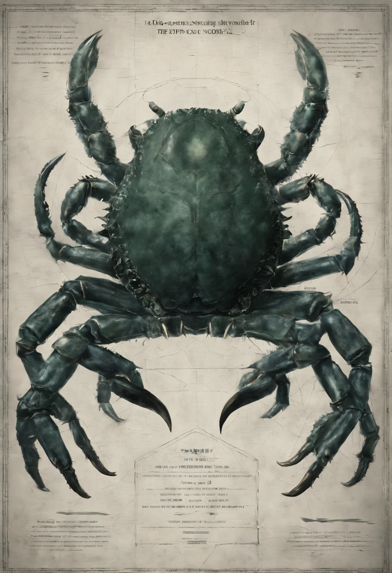 (A giant crab stands in the air in the fog,Staring at a person asking for help),(a creature 5 meters tall:1.0), (Dark green giant crab:1.37),(The shell of a giant crab is dark green)'s, (Dark blue wide oval abdomen), Shiny, (Very hard textured thick shell), (Huge green eyes are unusually bright:1.37),The head is more developed. (There are a pair of large protruding compound eyes:0.8),Texture like crystal. (Unusually long and flexible antennae:1.1),(The length is about 1/3 The width of the crab's body:0.5) ,(On the top of the head, There is a pair of small pliers),(Fresh fluff:0.6),giant crab, giant ethereal creature,The texture is clear, (Helpless people pray for help),Background to prayer for cancer salvation:nebulous sky,(rough sea),(Greatwave),Recife,(salama), 真实感,Epic,ultraclear,afterimage, Dutch angle, From below, Sony FE GM, Chiaroscuro, Blurry, hyper HD, Masterpiece, Textured skin, Super detail, High details, High quality, Award-Awarded, Best quality, A high resolution, 8K,Epic,sci-fy,Futuristic fantasy,Cartoony,