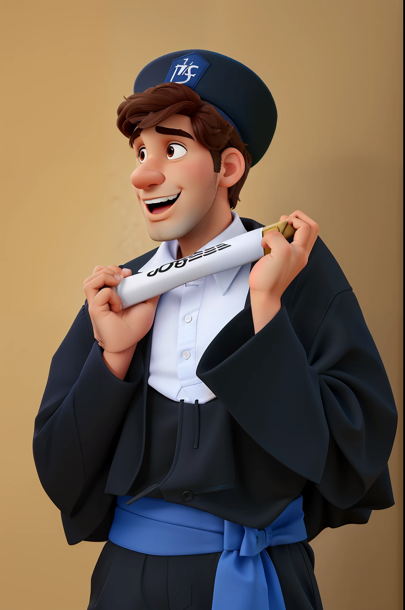 Poster estilo disney pixar. Jovem masculino bonito, brasileiro, Italian descent, 20 anos, cabelos castanhos, olhos castanhos, cabelo taper fade, em roupa de formatura da faculdade, segurando canudo de formatura da faculdade, Blue bow around the waist, with college graduation hat