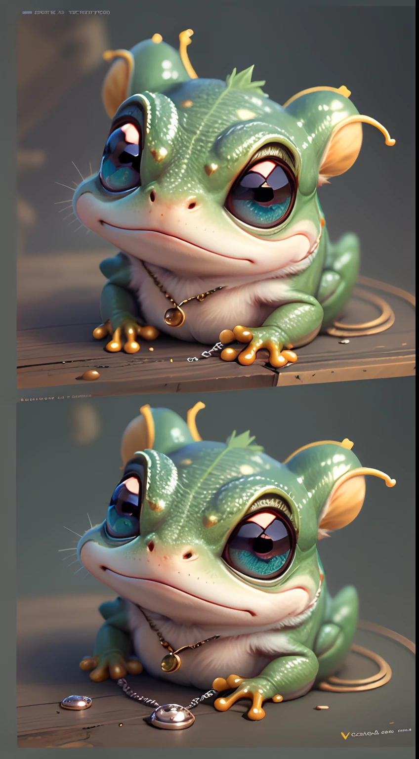 Cute hyper-realistic little frog, Eyes of different colors, Wearing a necklace, chibi, pretty, Very cute, Logo design, cartoony, cinematic lighting effects, Charming, 3D vector graphics, Cute quirky, Fantasy art, background blur, hand-drawn, Digital Painting, soft-lighting, isometric style, 4k resolution, Realistic rendering, Highly detailed cleaning, Vector images, Realistic masterpieces, Professional photography, Simple cosmic background, flat white background, isometric, Bright vector