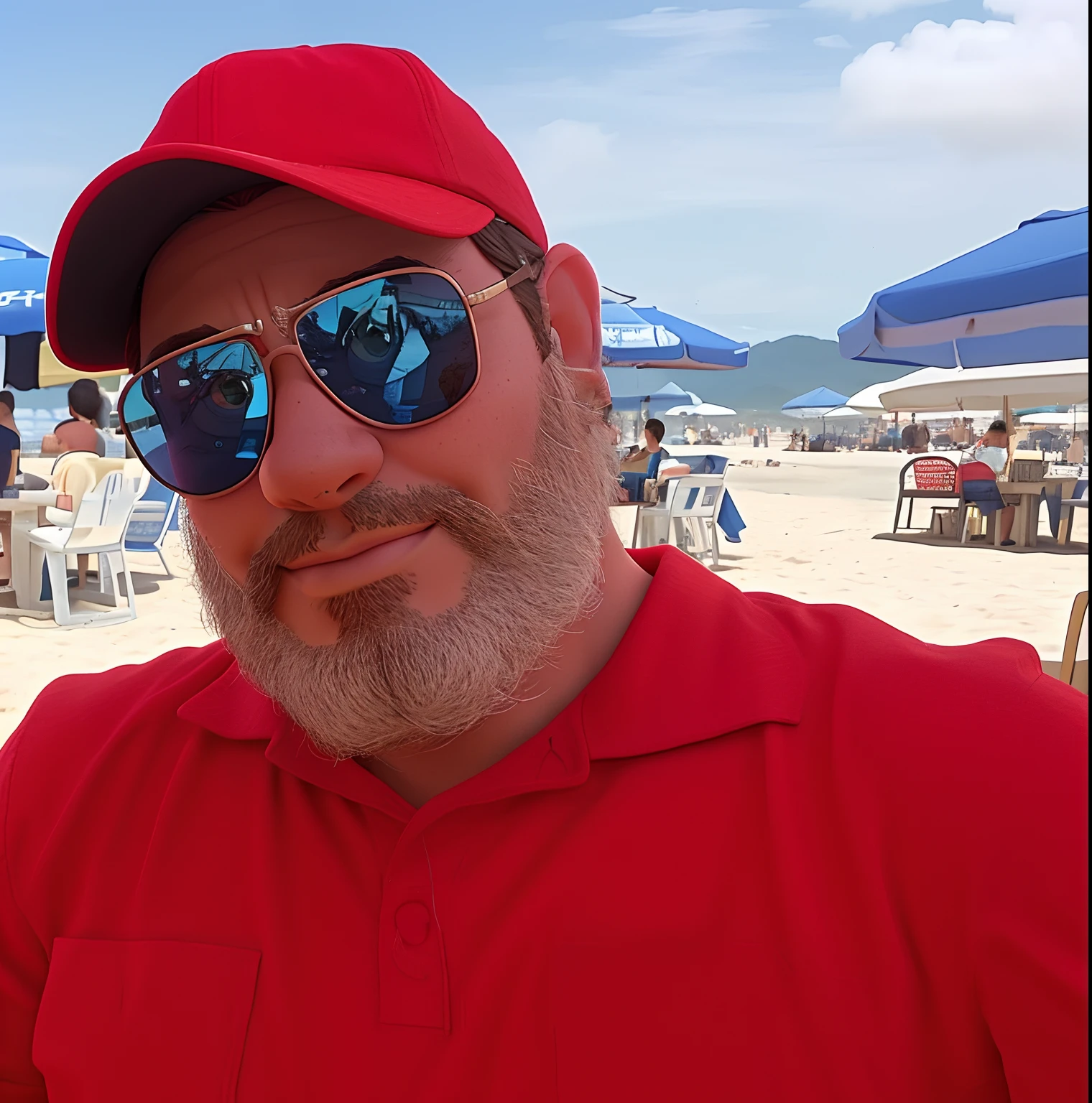 there is a man wearing a red shirt and sunglasses on the beach, profile image, profile pic, david rios ferreira, edu souza, inspired by Antonio Parreiras, by Felipe Seade, wearing a red backwards cap, icaro carvalho, by Antonio Parreiras, carmelo blandino, wearing sunglasses and a cap
