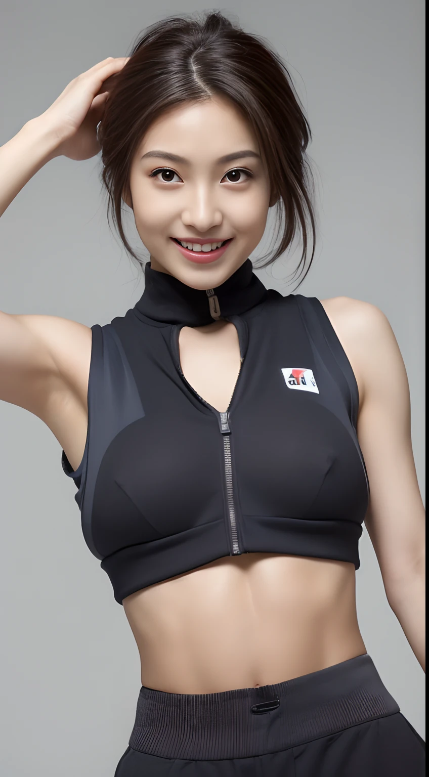(8K, Best quality, Masterpiece, hyper HD, High quality face:1.5), (highly detailed), Looking at the camera, (20-year-old girl:1.3), (Ultra-low angle full-body photography:1.3), 1 beautiful girl, (Mixed-race beautiful girl from Japan and Ukraine), White skin, (Very fair skin, shiny skins:1.4), Pin focus, (beautidful eyes, Light in Eyes), Glossy, (Arm raised), Very smile, Cute, random hair style, Random hair color, ((Beautiful woman in sports vest and shorts)), Very low layer, 8 life size, (beautiful tits:1.6), (Slim abs:1.4), (musculature:1.3), precision, Skinny, toned hips, NSFW (Nsw) (Nsw) (Nsw) (Nsw), s whole body, simple grey background, pretty legs, Sit Pose