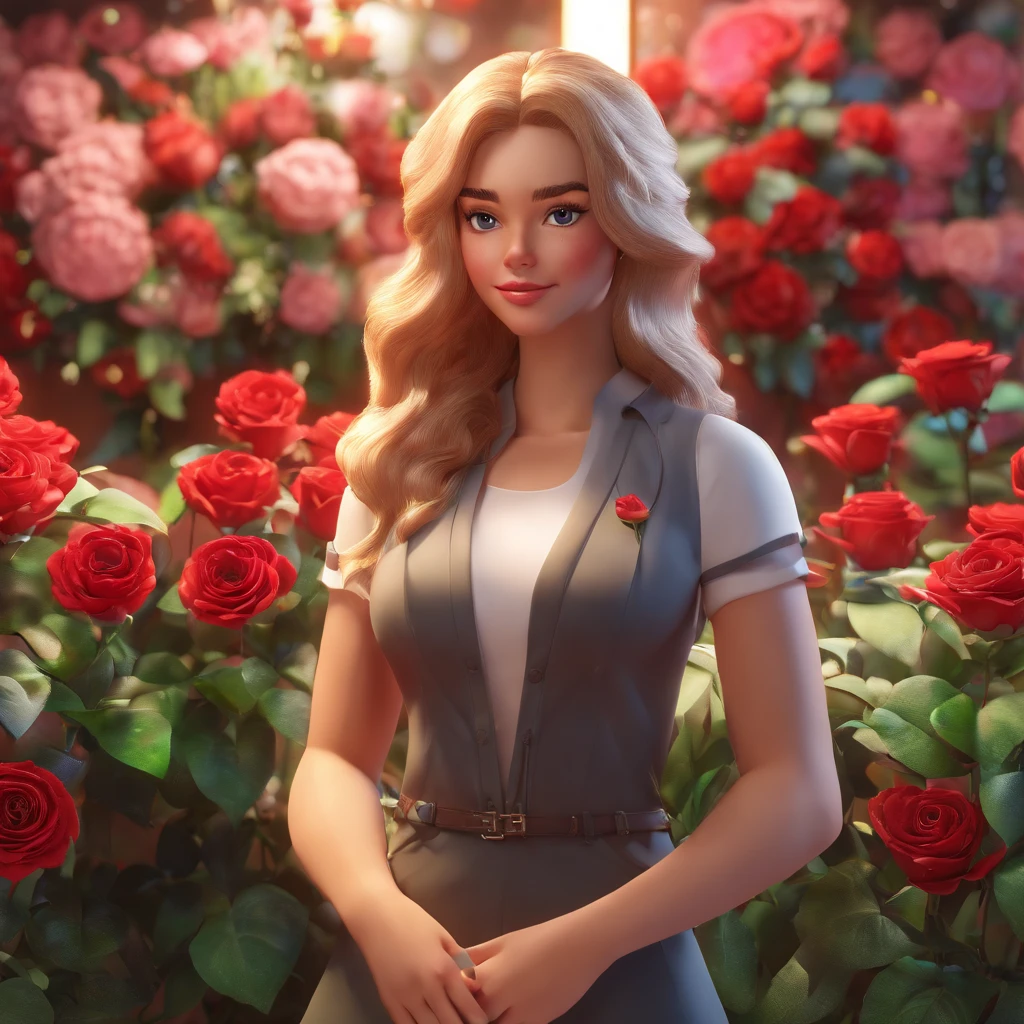 Cute muscular girl with curlly long hairs standing in the front of a flower shop holding a red rose