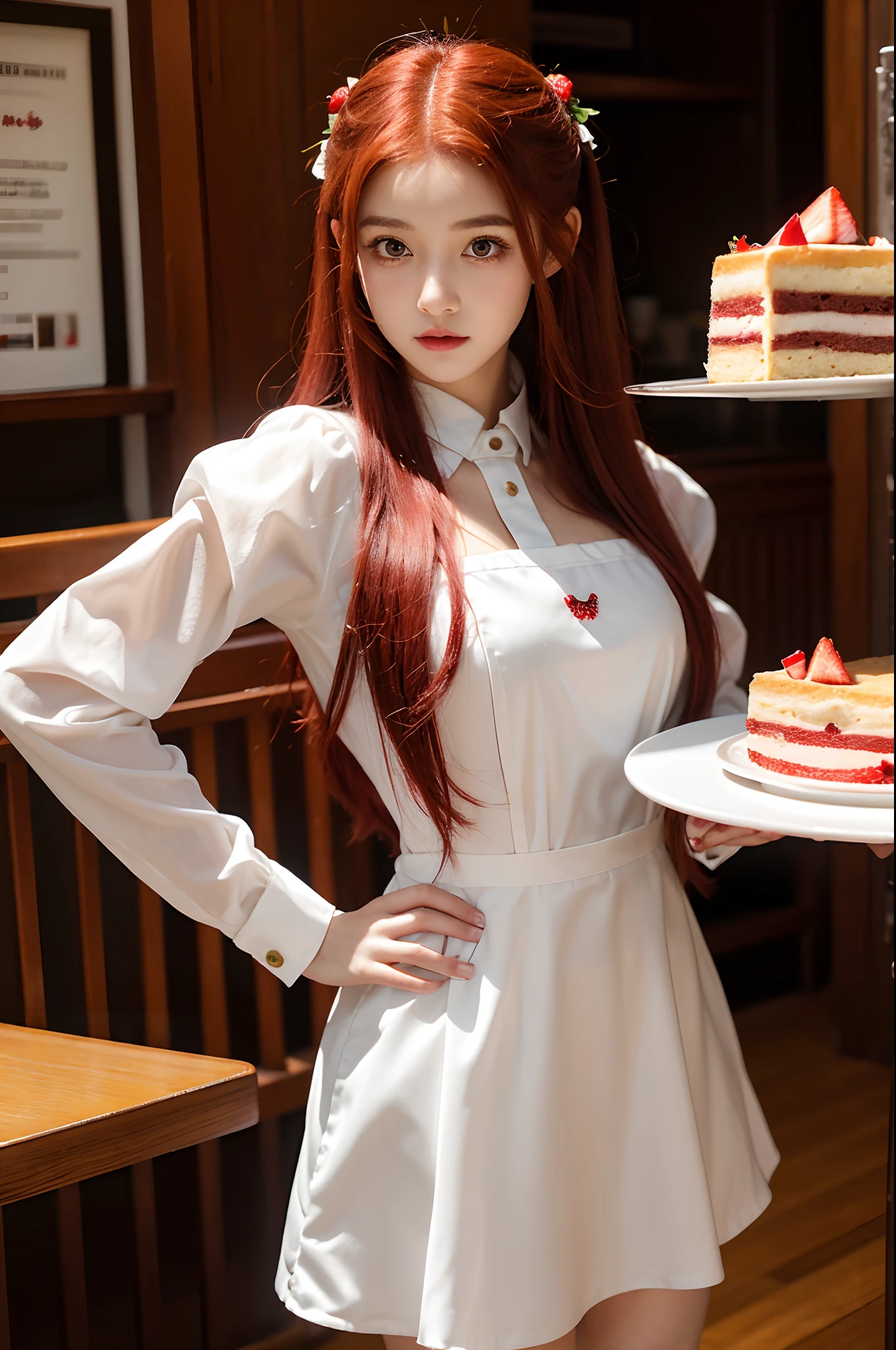 promotional shot, The place is a coffee shop, 1 girl, 16 year old face, The waitress brought the cake to the table, Red-haired two-tailed, Gentle face, Gothic Lolita half costume and maid costume with the image of a strawberry, Clothes that are mainly white,