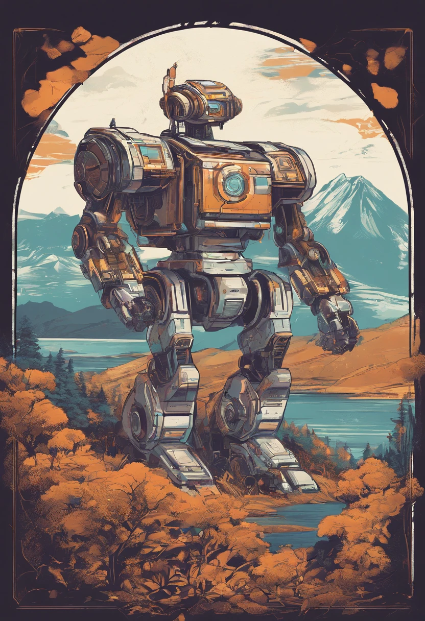 T-shirt design, Genshin Impact Graphics, vector, Giant bird-shaped robot with scenic landscape in the background, detailed illustration, and retro style
