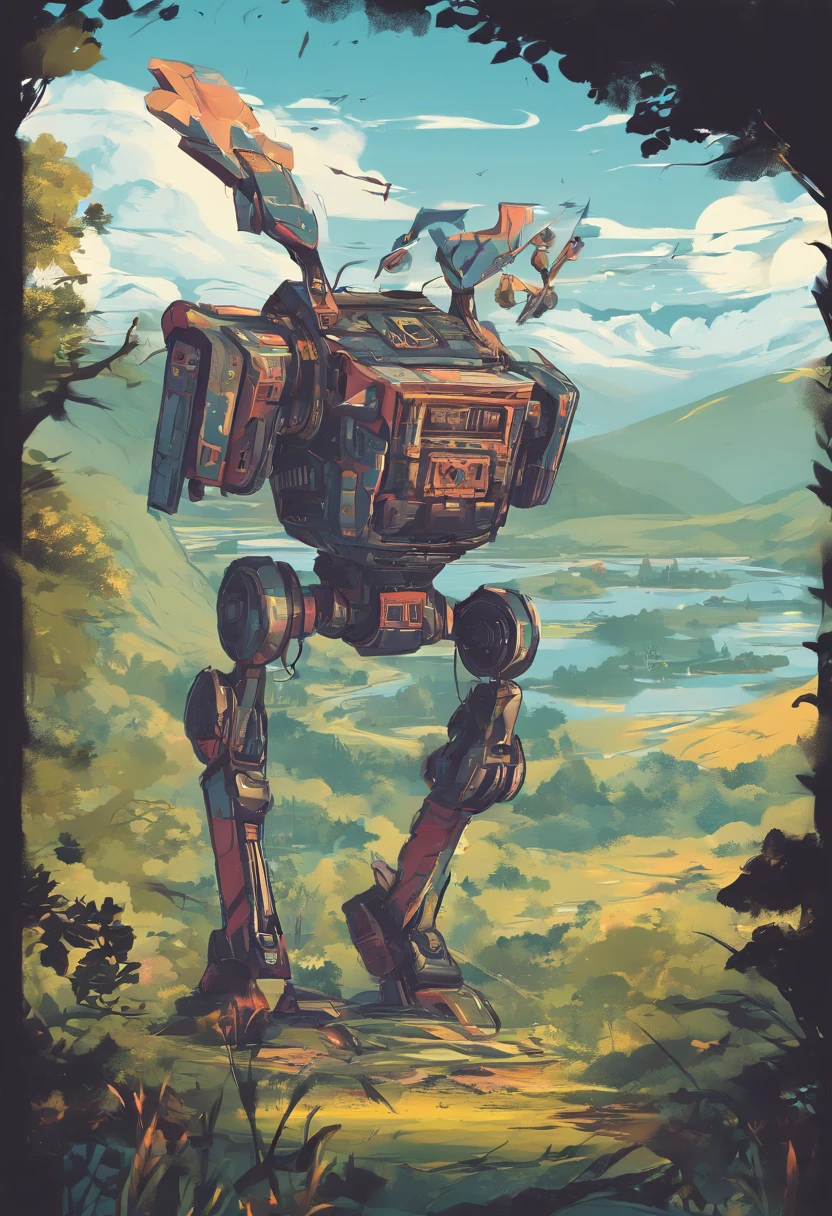 T-shirt design, Genshin Impact Graphics, vector, Giant bird-shaped robot with scenic landscape in the background, detailed illustration, and retro style