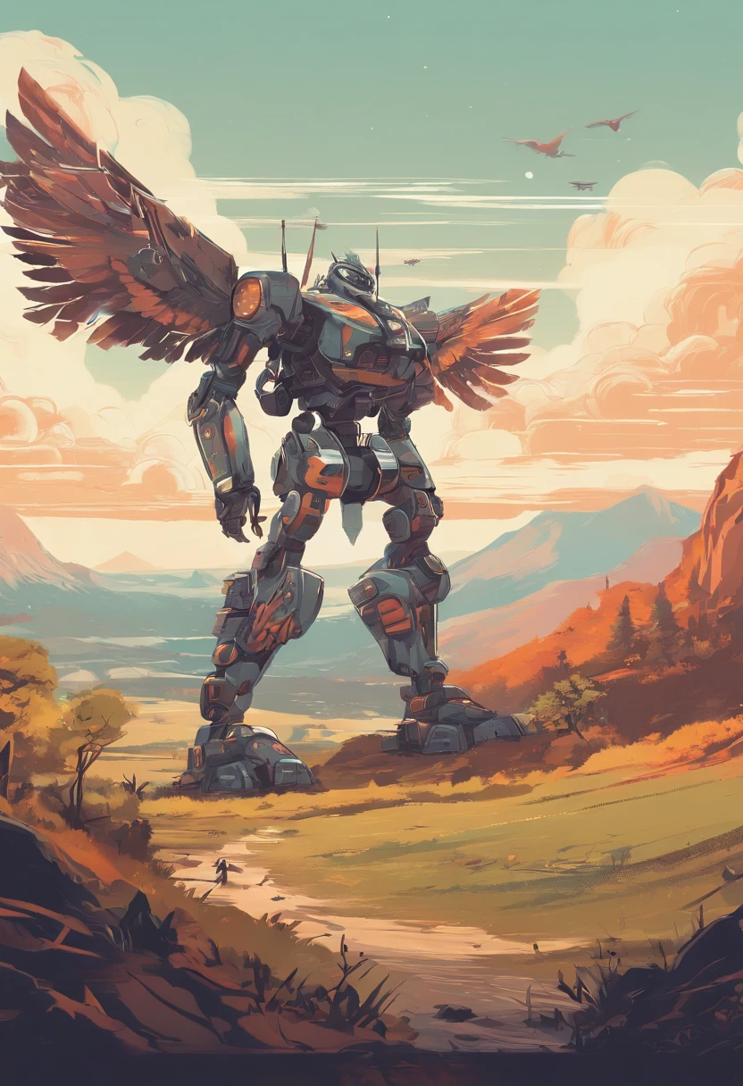 T-shirt design, Genshin Impact Graphics, vector, Giant bird-shaped robot with scenic landscape in the background, detailed illustration, and retro style