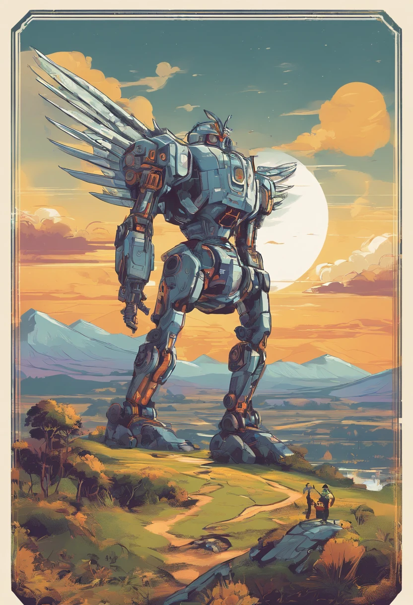 T-shirt design, Genshin Impact Graphics, vector, Giant bird-shaped robot with scenic landscape in the background, detailed illustration, and retro style