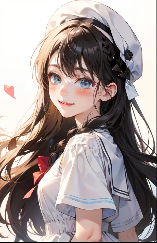 girl with、Background white、without background、A dark-haired、Braiding、The long-haired、with blush cheeks、Embarrassing、White dress、White cap、beret、frilld、bow ribbon、Smiling、kawaii、without background