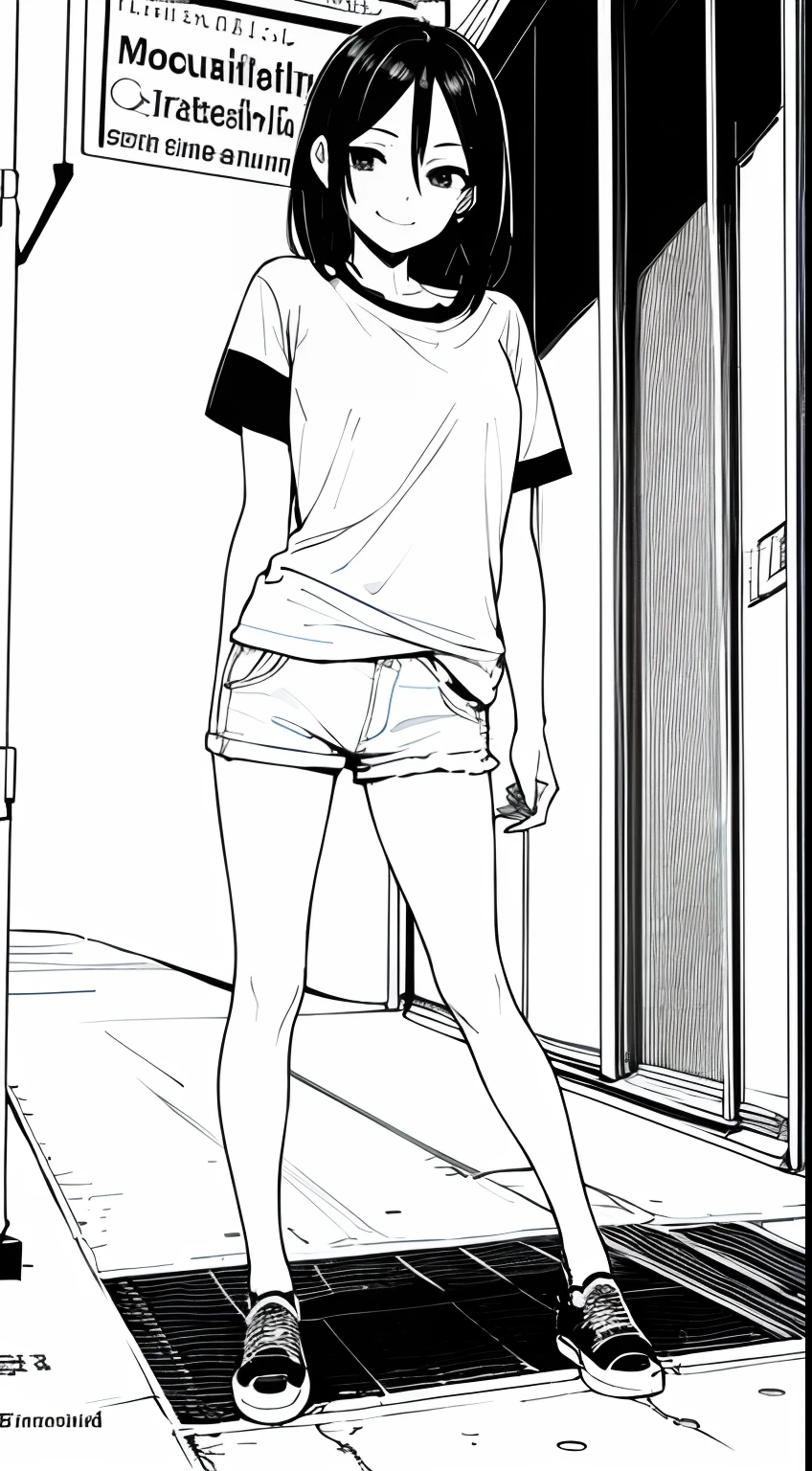 masterpiece, top-quality, (1girl in), tshirts, A slight smil, full body Esbian, A dark-haired, Black eyes, cyberpunked, a street, monochromes, line-drawing