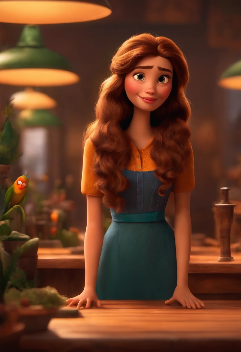 Um filme inspirado na Disney Pixar (Mulher branca JOVEM COM CABELO LONGO liso castanho) dentro A cena estar na arte distinta do estilo PIXAR, descolada e estilosa