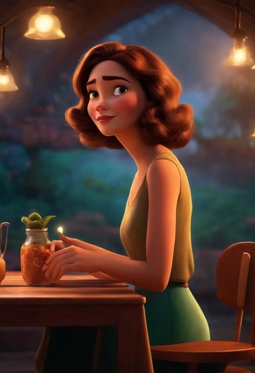 Um filme inspirado na Disney Pixar (Mulher branca JOVEM COM CABELO LONGO liso castanho) dentro A cena estar na arte distinta do estilo PIXAR, descolada e estilosa