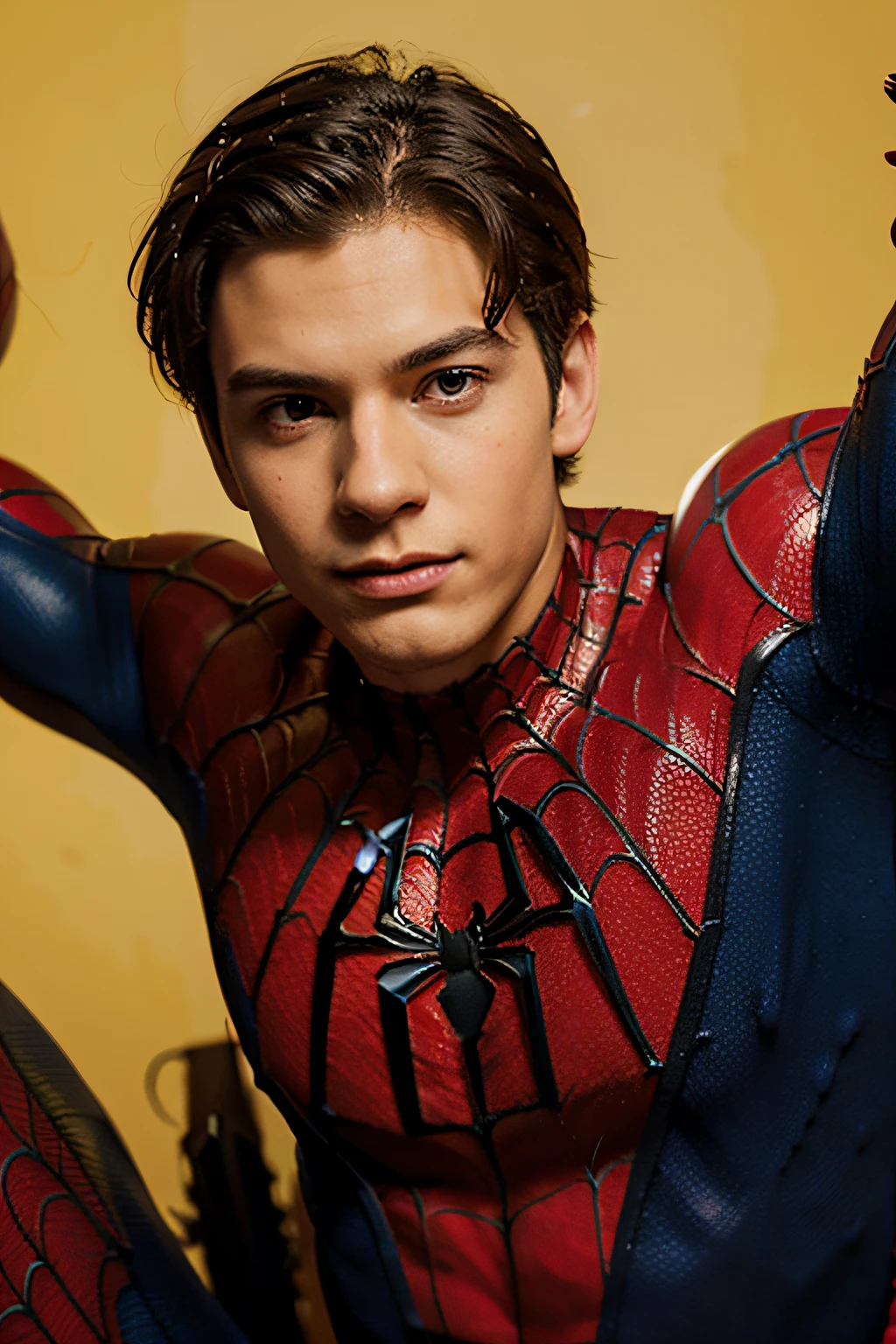 A young man in a Spider-Man costume with a yellow background