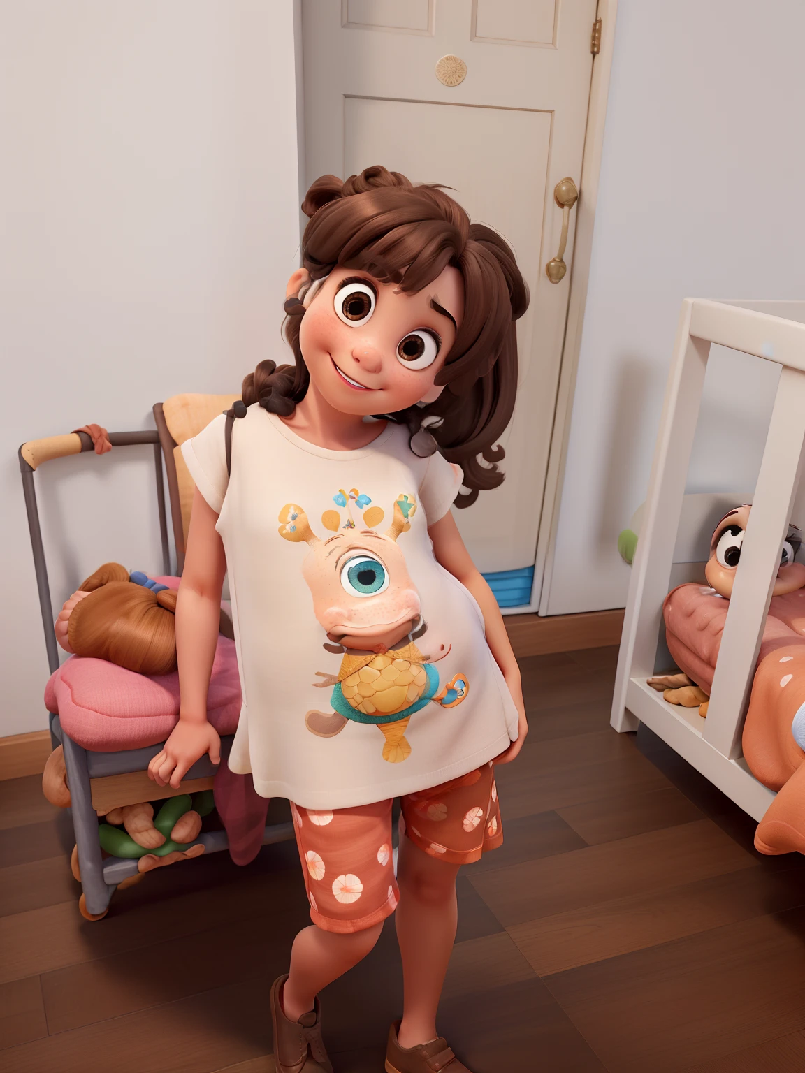 Uma menininha de 3 anos linda, medium light brown hair tied up by Chiquinha, olhos castanhos escuros, muito graciosa no estilo Disney Pixar em alta qualidade, melhor qualidade