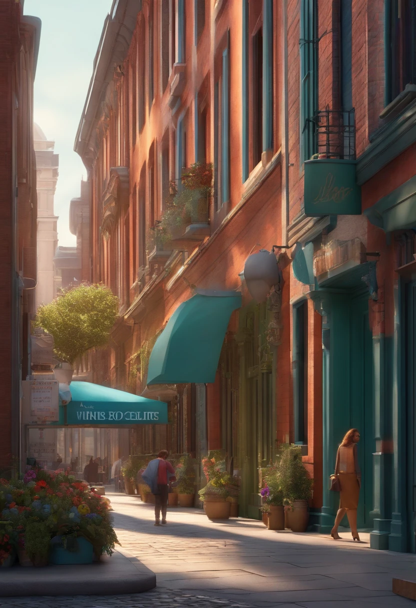 Pixar 3D-style drawing of a slimming clinic in the city center with a character in the foreground