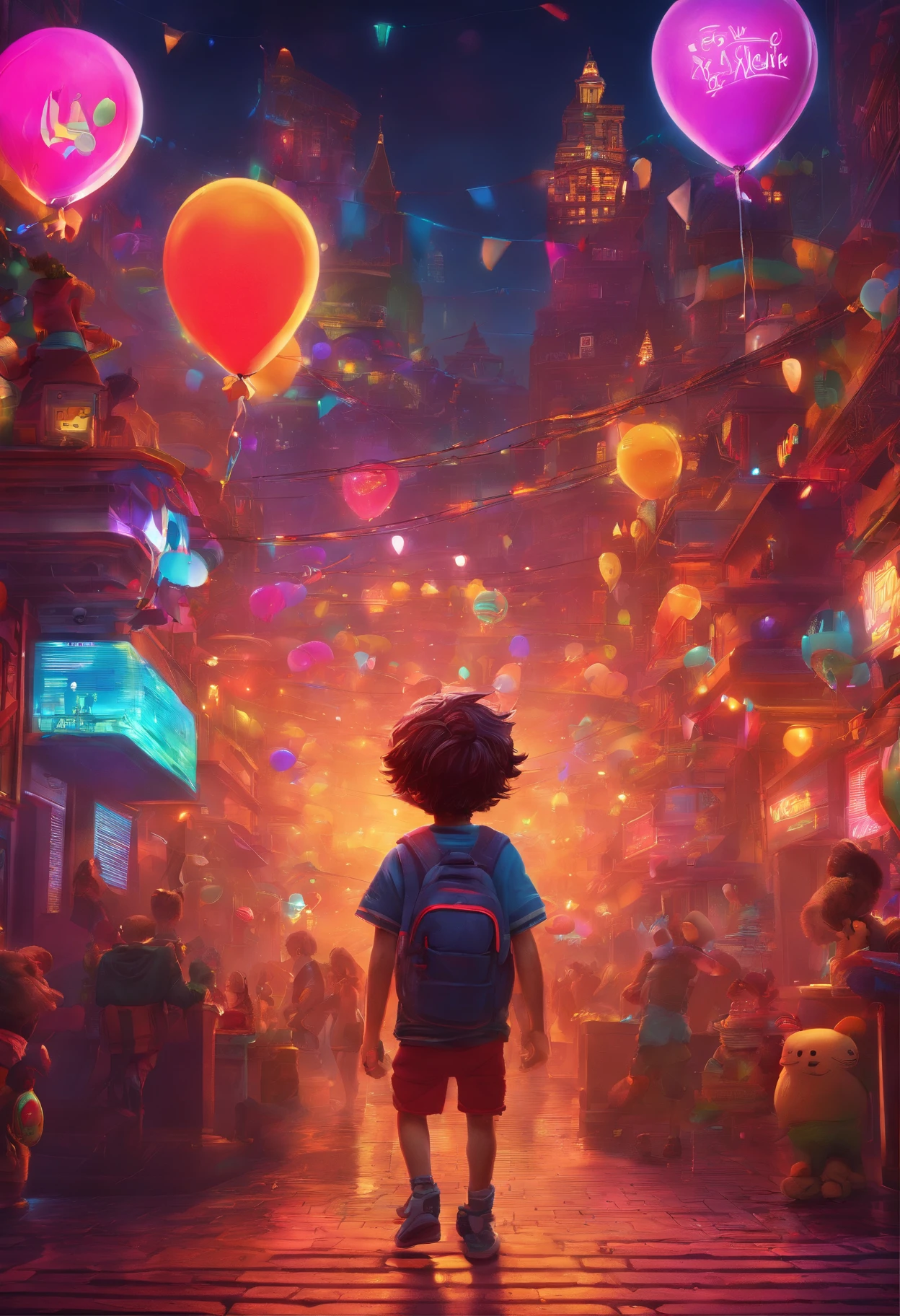 (best quality,4k,highres,masterpiece:1.2),a young boy with blue eyes and a big smile,holding a birthday cake with colorful candles and balloons,playing with his friends in a vibrant garden,[cartoon style,comic style],bright and cheerful colors,warm sunlight and soft shadows,sparkling and joyful atmosphere,party hat and festive decorations,excitement and happiness,laughter and fun,memorable and unforgettable moments,capturing the innocence and joy of childhood.