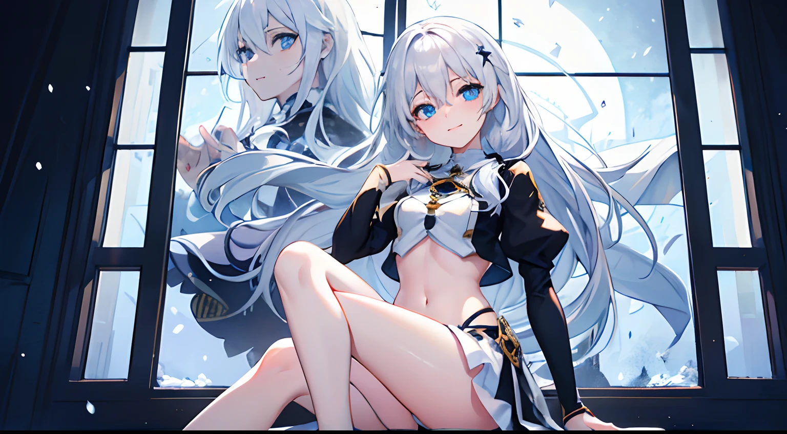 Illustration, UHD, retina, masterpiece, accurate, anatomically correct, super detail, high details, high quality, award winning, best quality, highres, good anatomy, 1080P, HD, 4K, 8k, 16k, 1girl, dynamic pose, androgynous, detailed eyes, detailed clothes, detailed hair, rendering, strands of hair, cute waifu, white hair, hair between eyes, bangs, blue eyes, bare legs, blushing, wearing a black and blue outfit, crop top, barelegs,detached sleeves, smiling, snowing, cinematic lighting, in a house, window, looking at viewer, sparkling eyes