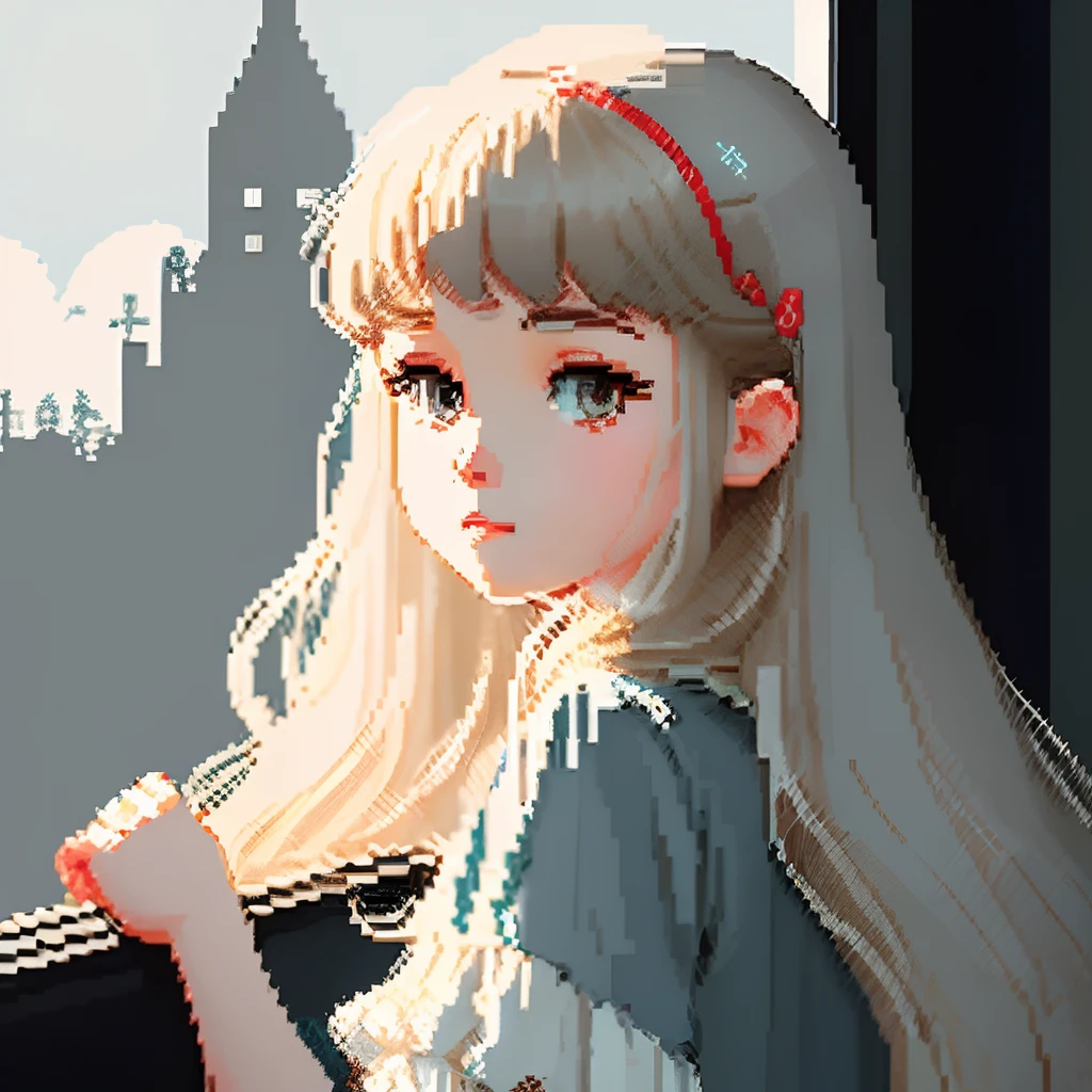 He was dressed in Gothic white and a pale light blue with a thin dull、Girl with long hair in a dull beige color、Look back and look at this.、Pixel art、Pixel Art Illustration、pixels、Retro Game Style、Upper body、For icons、pixels_Art Book,Composition centered on the face、