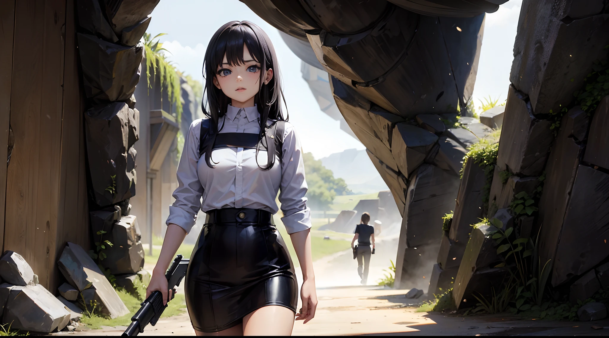 (masterpiece, best quality, manga look), a girl, cave, long black hair, sexy outfit, standing, gun