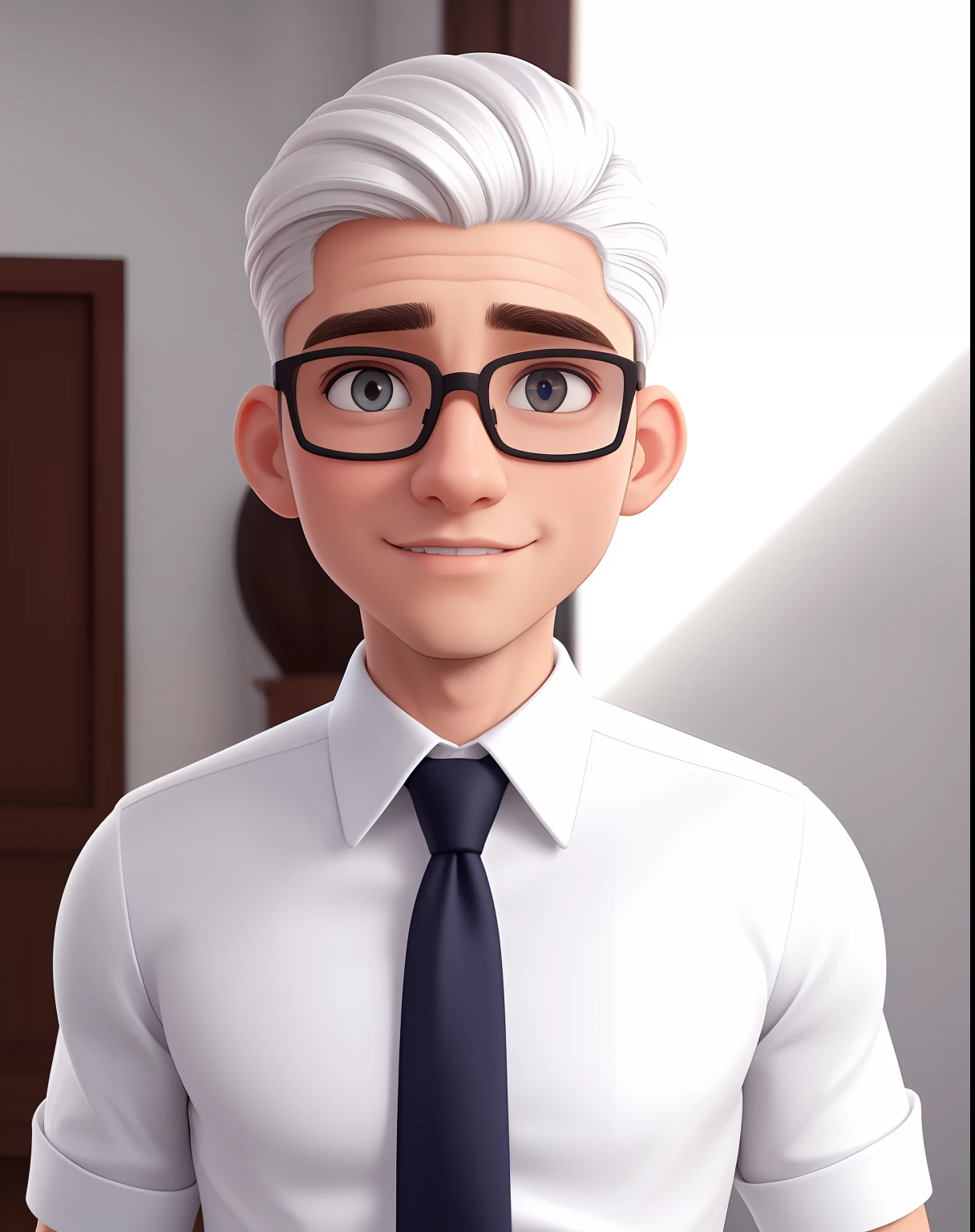 Um homem de 30 anos, com cabelos castanhos curtos,face de diamante, olhar rigoroso, e olhos castanhos, Wearing white white shirt with tie and glasses.