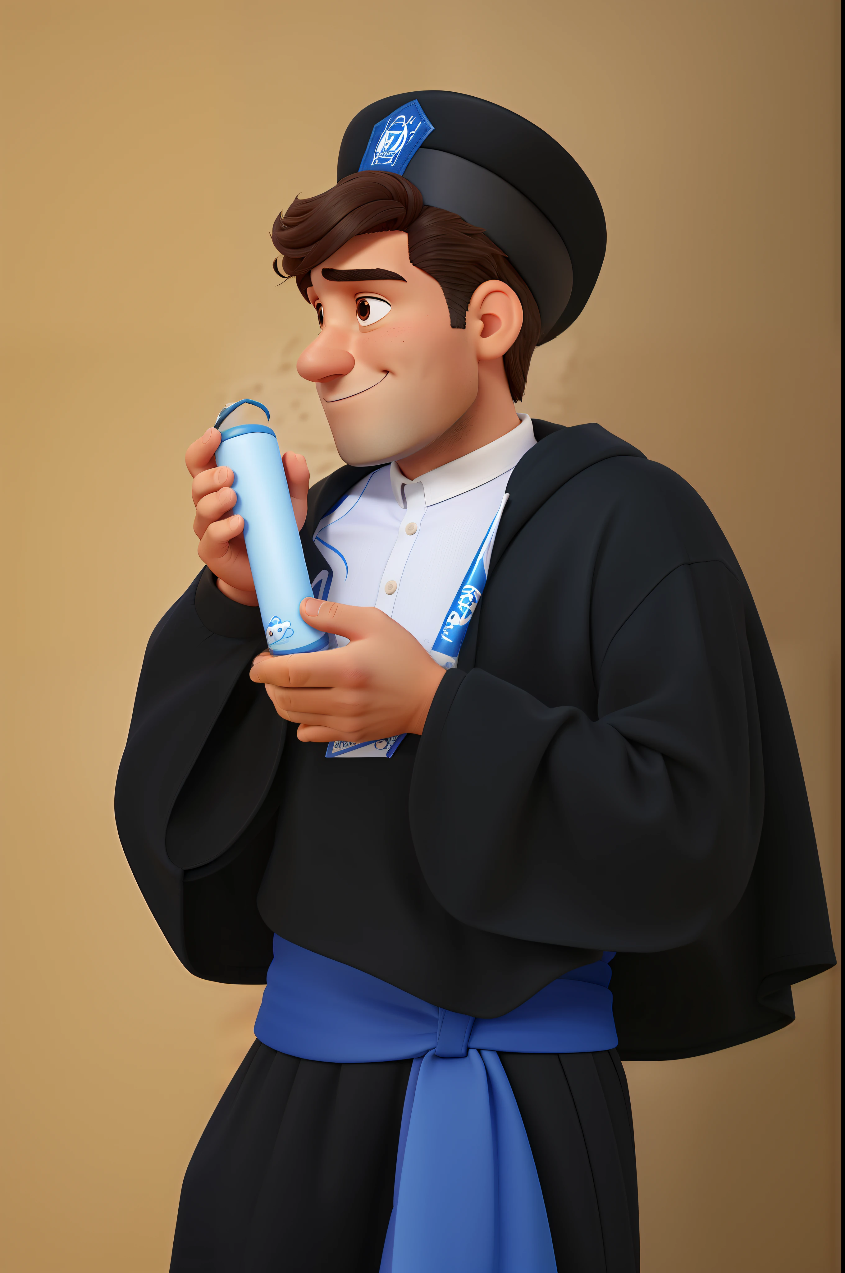 Poster estilo disney pixar. Jovem masculino bonito, brasileiro, Italian descent, 20 anos, cabelos castanhos, cabelos ondulados, olhos castanhos, cabelo taper fade, em roupa de formatura preta, usando uma faixa azul ao redor da cintura, Wearing black graduation hat with blue trim, Holding white graduation straw with both hands