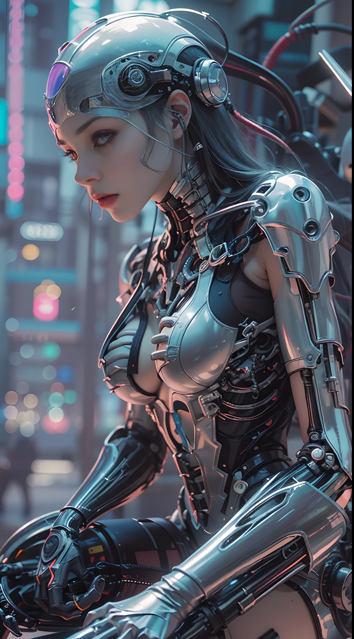 A Cyborg woman with exposed ribs bone with many wires and robotic parts, the woman He has short hair , The woman has a dynamic pose , The woman's bones are visible ,The hair is not so short, he has one hand near his chest , You can see her breasts, The woman looks a little forward