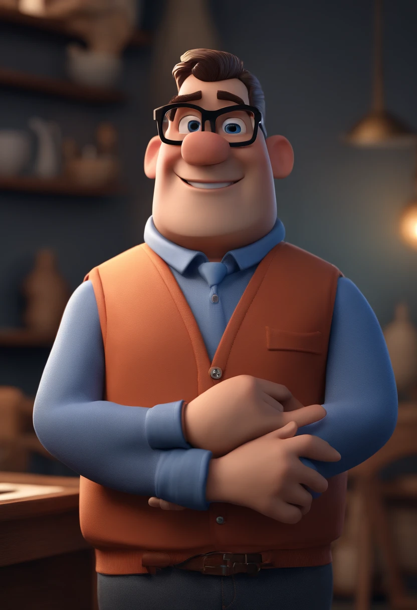 Cartoon character of a man with black glasses and a blue shirt, animation character, Caractere estilizado, animation style rendering, 3D estilizado, Arnold Maya render, 3 d render stylized, toon render keyshot, Personagem 3D, Personagem 3D, 3d rendering stylized, 3 d character render, personagem de desenho animado, Personagem de close up, Pose de personagem,  (Estilo Pixar) (master part:1.2) (Bokeh) (best quality) (pele detalhada) (textura detalhada) (8k) (argila) (Cinematic lighting) (foco nítido