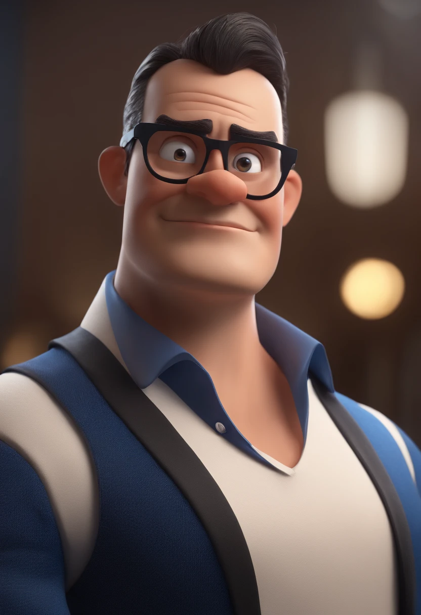 Cartoon character of a man with black glasses and a blue shirt, animation character, Caractere estilizado, animation style rendering, 3D estilizado, Arnold Maya render, 3 d render stylized, toon render keyshot, Personagem 3D, Personagem 3D, 3d rendering stylized, 3 d character render, personagem de desenho animado, Personagem de close up, Pose de personagem, (Estilo Pixar) (master part:1.2) (Bokeh) (best quality) (pele detalhada) (textura detalhada) (8k) (argila) (Cinematic lighting) (foco nítido