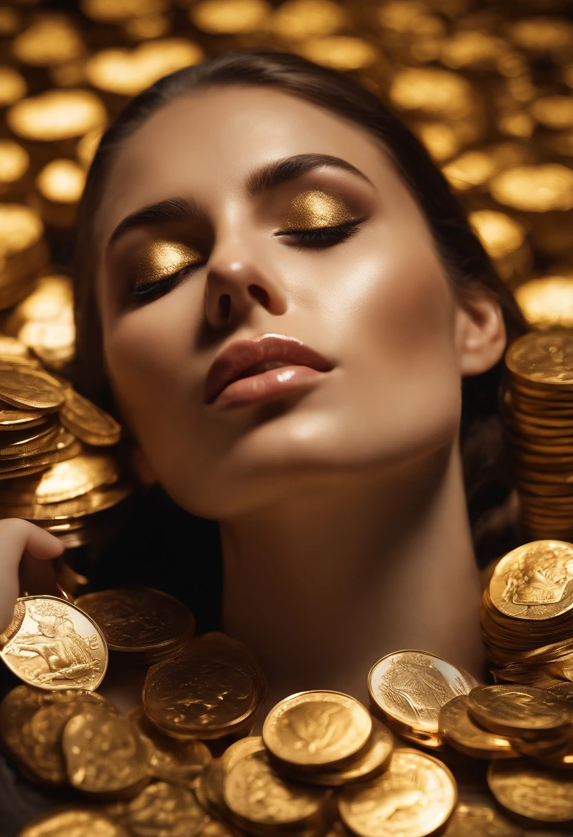 foto de arte, a photograph of a crying young woman plastered with gold dollar coins, air shot, luz solar deslumbrante, intrincado, espalhafatoso, translucent, Medium Scene, estilo de arte grotesco, extremamente criativo, simples e misterioso, alta qualidade, 8k